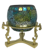 Crushed Mosaic Glass Candle Holder Brass Stand Green Blue Votive Tile Mi... - £23.22 GBP