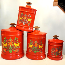 VTG Kromex Orange Metal Canister LOT Pa Dutch Hex Folk Art Tulip Distelfink Bird - £53.40 GBP