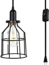 Industrial Pendant Light Fixture Vintage Black Hanging Plug In Retro Metal Cage - £20.80 GBP