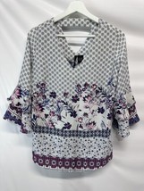 New Directions Popover Spring Summer Blouse Ruffle 3/4 Sleeve Cutaway Ba... - $19.77
