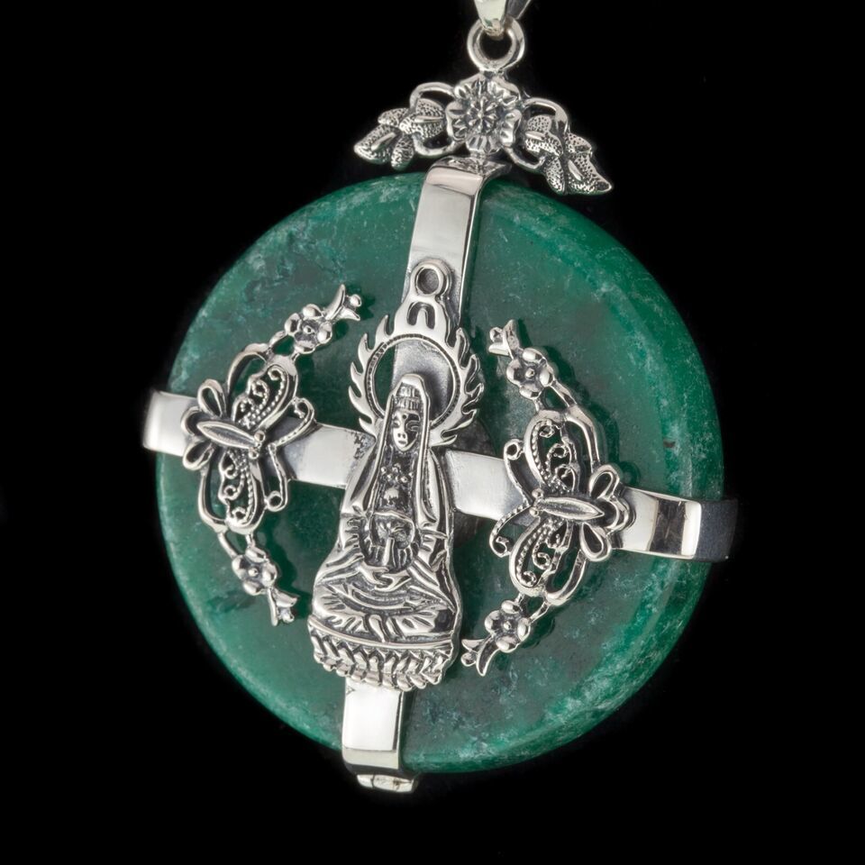 Beautiful Buddism Sterling Silver Green Jade 16" Necklace and Pendant 72.4gr Item image 9