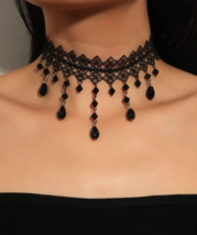 Black Lace Wide Band Drop Choker Necklace - £5.96 GBP