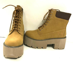 Qupid Women&#39;s Ankle Length Lace Up Boots Stack 01, Camel Nubuck PU, US 5 - £26.11 GBP