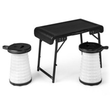 3 Pieces Folding Camping Table Stool Set with 2 Retractable LED Stools-Black -  - £91.71 GBP