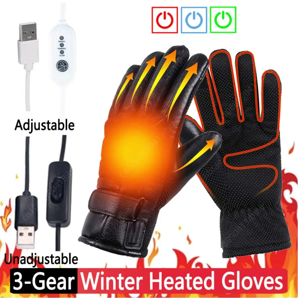 1 Pair PU Leather Snowmobile Gloves 3 Gear Adjustable USB Winter Electric - £20.44 GBP+