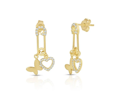 ADIRFINE 925 Sterling Silver Dangling Heart and Butterfly Safety Pin Stud Earrin - £28.62 GBP