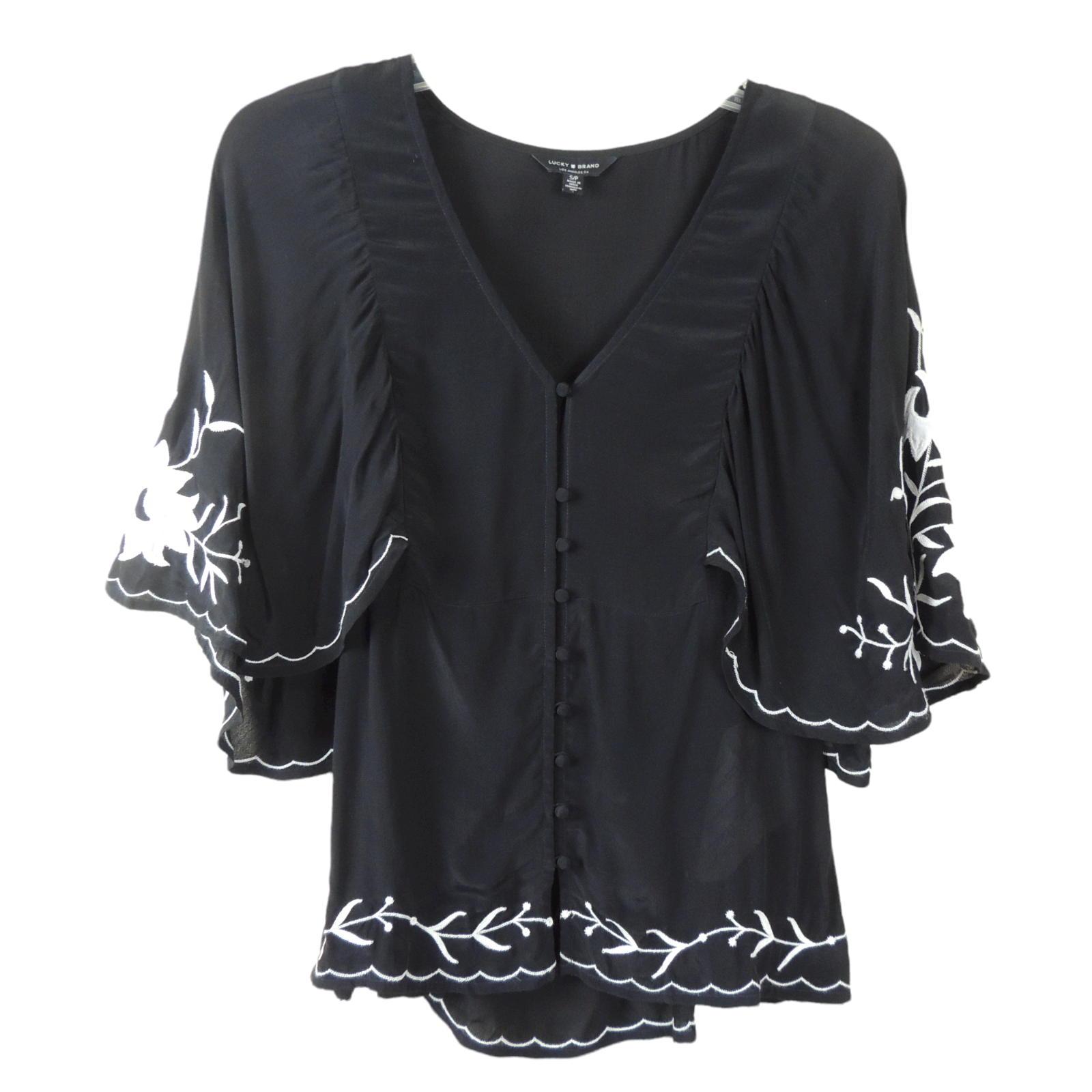 Primary image for Lucky Brand Embroidered black and white top bottom short Flutte sleeves Size S/P