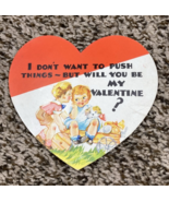 Vintage Valentines Day Card Boy Girl Dog on Cart Don't Want to Push Things - $5.99