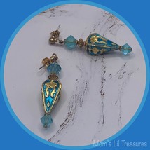 Fashion Turquoise Blue Gold Tone Design & Crystal Dangle Earrings Handmade - £6.98 GBP