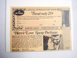 1974 Ad Love Spray Perfume Blair Division of Chap Stick, Lynchburg, Va. - $7.99