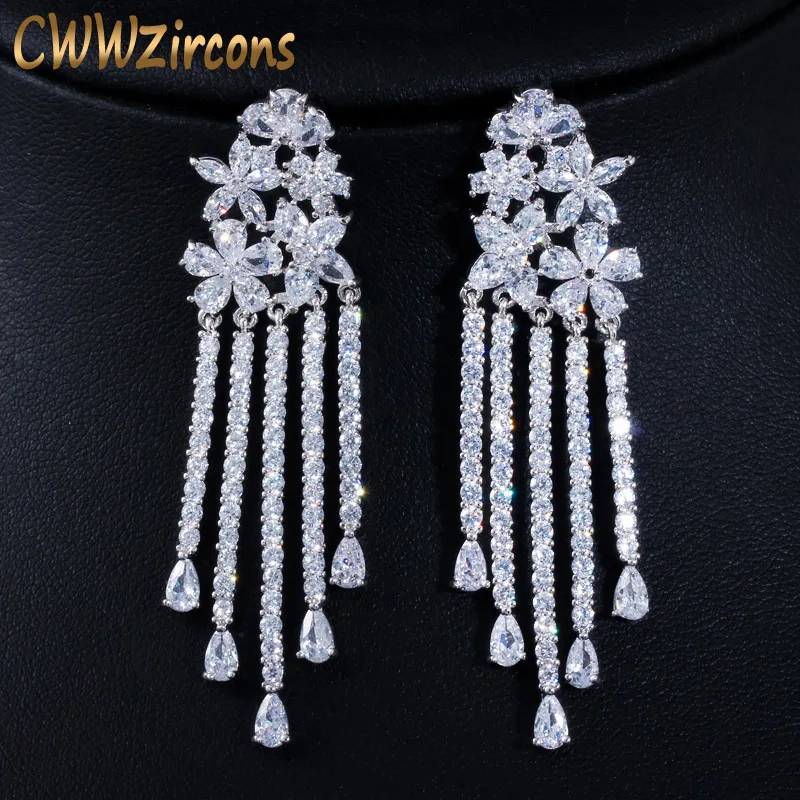 Sparkling Cubic Zirconia Pave Long Flower Tassel Drop Wedding Earrings for Women - £23.13 GBP