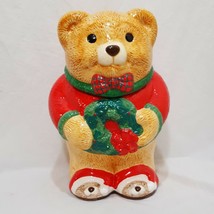 Christmas Teddy Bear Cookie Jar Ceramic Sweater Wreath Debby Company 12&quot; - £19.66 GBP