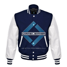 Top College Letterman Varsity Navy Wool Jacket/Real White Leather Sleeve... - £70.24 GBP