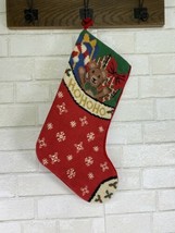 Christmas Stocking Needlepoint Teddy Bear Ho Ho Ho Red Velvet Backing Wool Blend - £23.66 GBP