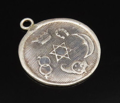 925 Silver - Vintage Antique Double Sided Carved Luck Symbols Pendant - ... - $48.91