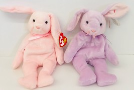 Easter Bunny Rabbit Stuffed Plush Lot Of 2 Hoppity Pink  Floppity Purple Beanie - £22.56 GBP