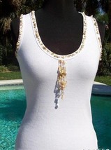 Cache Sea Shells Beads Embellished Stretch Rib Knit Tee Top New Sz S/M/L... - $35.20