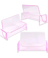 Business Card Holder Display Stand Clear Pink Acrylic Compartment Deskto... - $14.12 CAD