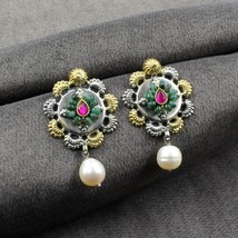 Indien Véritable 925 Argent Émeraude Naturel Perle Jhumka Deux Tons Boucles - £36.83 GBP