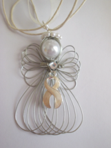 Lung Cancer Awareness Pearl Ribbon Angel Necklace Handmade - $17.99