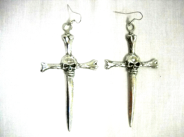 Gothic Skull Dagger Cross Sword Bone Ends Xl Pewter Full Pendant Size Earrings - £19.18 GBP