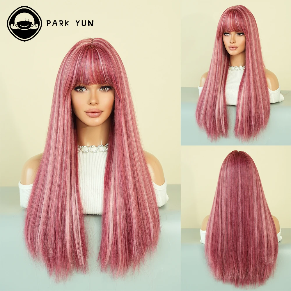 PARK YUN Long Straight Pink Wigs with bangs for Women Highlights white Popular - £22.39 GBP+
