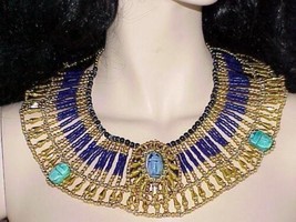 Egyptian Queen Cleopatra Style Scarabs Blue Golden Beaded Egypt Necklace - £18.91 GBP