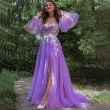 Lilac Floral Corset Top Off-shoulder Long Sleeves Side-slit A-line Long Prom Dre - £150.30 GBP