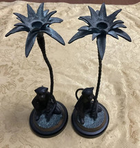 Pair Tall Cast Bronze Metal Candleholders Monkeys Swinging in Palm Trees 16&quot; - £34.21 GBP
