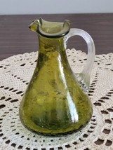 Olive Green Hand Blown Crackle Art Glass Pitcher applied handle - $14.03