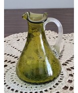 Olive Green Hand Blown Crackle Art Glass Pitcher applied handle - £11.03 GBP