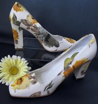 Retro Vintage Style Floral Fabric Pumps 9M Square Toe Block Heel Yellow ... - $27.99