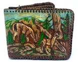 Hand Painted Art Tooled Leather Bifold Wallet Mountain Deer Scene - $8.87