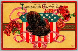 Thanksgiving Greetings Turkey Stars and Stripes Flowers Embossed DB Postcard G3 - £3.85 GBP