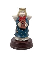 Vintage Angel Holding Birdhouse Statue Figurine Starry Gown Halo Wings - $7.43