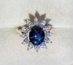 Blue Star Sapphire / Moissanite Sunburst Halo Ring in Platinum Sterling Sz 9 - £95.05 GBP