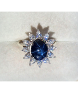 Blue Star Sapphire / Moissanite Sunburst Halo Ring in Platinum Sterling ... - £94.32 GBP