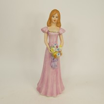 Enesco Figurine Girl standing with flowers in long pink dress 7&quot; tall  SGJHW - £12.06 GBP