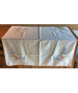 Vintage Pale Yellow Bluebird Floral Tablecloth Square 32&quot; x 32&quot; Pre-owned - £23.58 GBP