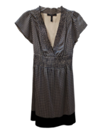 BCBG Maxazria Dress Small Petite Silk Black Beige Checked V-Neck Smocked Waist - $68.55
