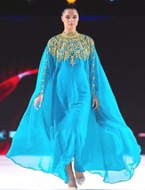 Kaftan Turquoise Long Moroccan Hand Work Dress Stylish Dubai Farasha Gow... - $1,235.52 MXN
