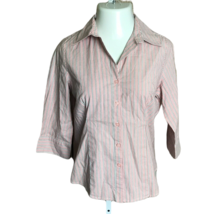 Kim Rogers Women&#39;s Button Up Collared Shirt ~ Sz M ~ Pink ~ Stripes ~ 3/4 Sleeve - £10.75 GBP