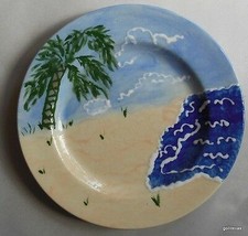 Hand Glazed Plate with Palm Trees and Beach 9&quot; - £10.32 GBP