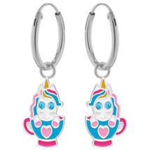 Unicorn in Cup Hoop Earrings 925 Silver with Aqua Crystals - £13.44 GBP
