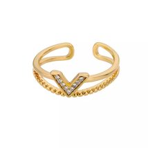 Golden Copper Letter V Zircon Open Ring V Shaped Women Engagement Wedding Design - £20.93 GBP