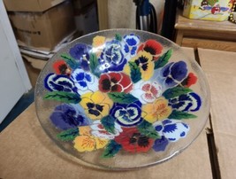 Peggy Karr Fused Art Glass Pansy Pansies Round Console Fruit Bowl 10.75&quot;... - $31.68