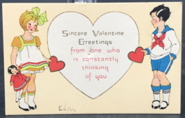 VTG Sincere Valentine Greetings Card Girls w/ Doll &amp; Boy Sailor - $9.49
