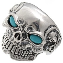 Sterling Silver Biker Skull Ring With Turquoise Eyes Mens s13.5-15 - £133.92 GBP