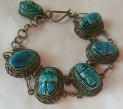 Vintage Blue Porcelain Scarab Bracelet Five Link Chain 6.25" - Adjustabl... - $125.00