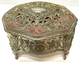 Vintage Silver Tone Ornate Floral Footed Hinged Jewelry Box Red Velvet Japan - £26.45 GBP